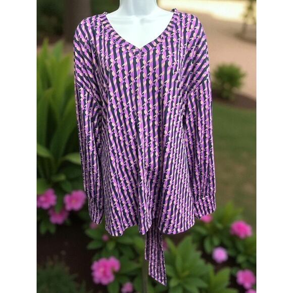 Liz Claiborne 2X Top Purple Violet Geometric Heavy Knit V-Neck Belt Long Sleeve - Picture 2 of 6